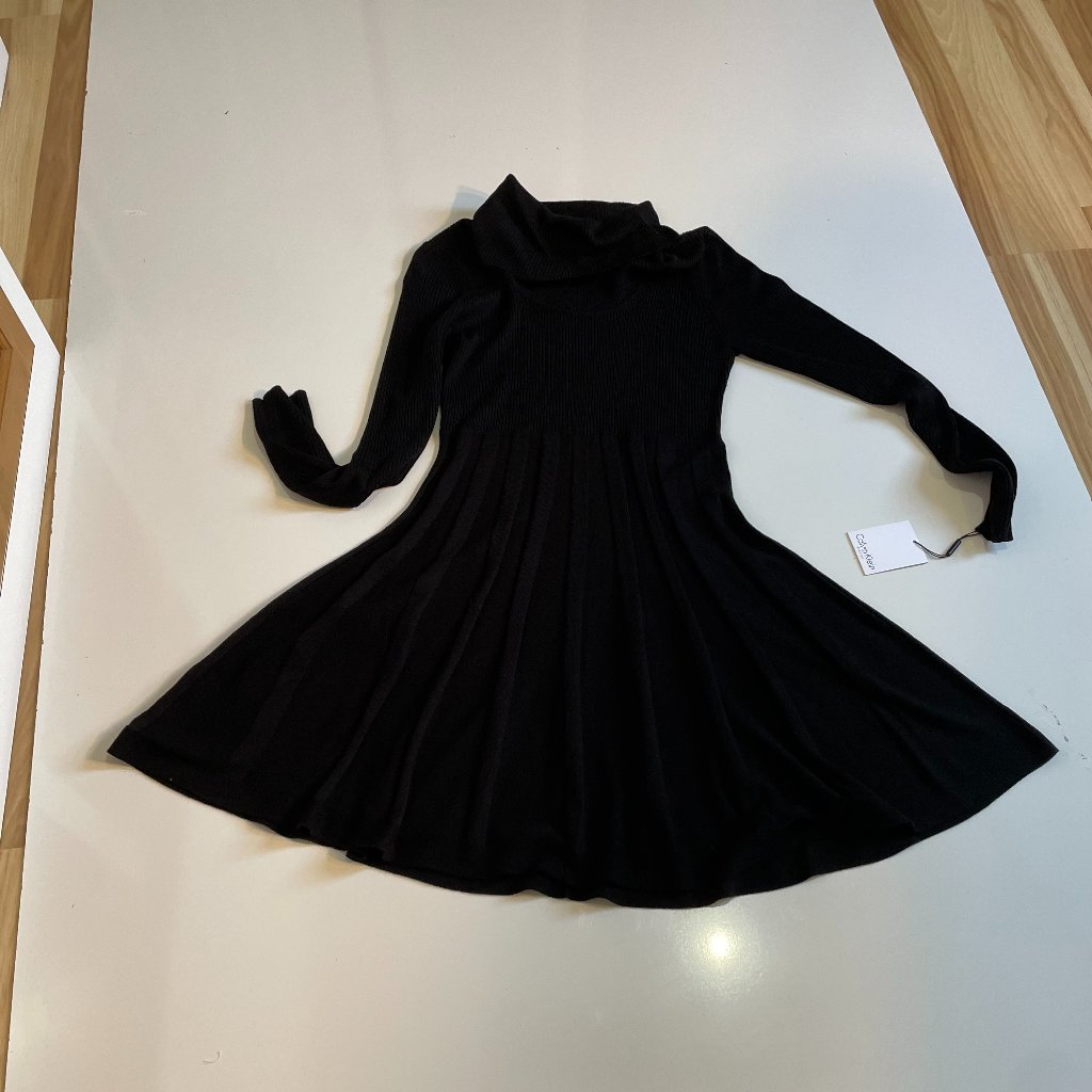 Calvin Klein Sweater Dress Cowl Neck Midi Black Long Sleeved Women's Size Medium